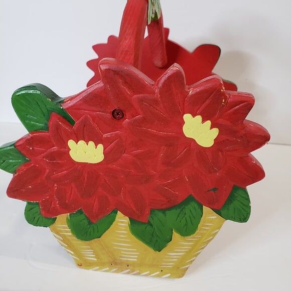 CUTE Little Red Christmas Poinsettia Wooden Basket Decor Holiday Handle Caddy - Picture 3 of 9